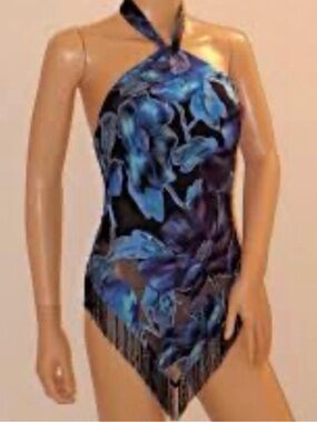 Cache Vintage Y2K Red Floral Burnout Cowl Neck Fringe Tank Top NWT Medium